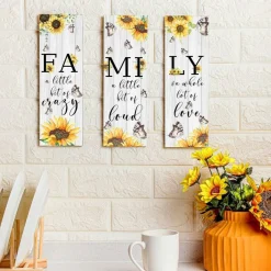 3 Pcs Sunflower Inspirational Wall Decor, Rustic Wooden Family Signs with Butterfly Design, Farmhouse Hanging Plaques for Living Room, Bedroom, Kitchen, Office & Home Décor