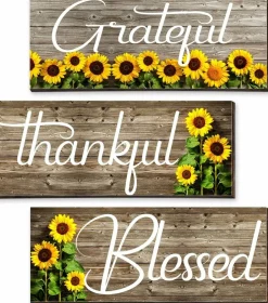 3 Pcs Sunflower Wall Decor Art Signs Wooden Hanging Wall Plaques Sunflowers Prints Decor for Thanksgiving Bathroom Bedroom Kitchen(10 x 4 x 0.2 Inch,White Words)