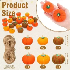 25 Pcs Thanksgiving Felt Mini Pumpkins Set, Wool Fabric Pumpkin Ornaments with Rope, Autumn Harvest Garland DIY Crafts Decorations for Fall Halloween Table, Home, Farmhouse Decor