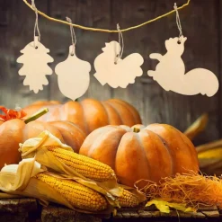 60PCS Thanksgiving Unfinished Wooden Ornament Set, Maple Leaves, Pumpkin, Turkey, Acorn & Squirrel Wood Cutouts, DIY Paintable Craft Tags for Fall Decorations, Party Supplies & Seasonal Crafts (6 Styles)