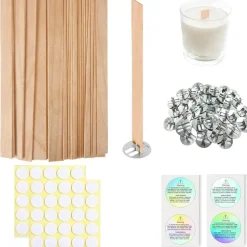 200 Pcs Thicked Wood Candle Wicks for Candle Making, 5.1 X 0.51X 0.06 Inch Upgrade Wood Wicks, Wooden Wicks Box Includes Iron Stander, Glue Dot, and Warning Labels (50 Sets)