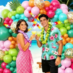 136pcs Tropical Balloon Arch Kit – Hawaiian Luau Party Decorations with Hot Pink, Green, Teal, Orange & Gold Confetti Balloons – Palm Leaves & Flower Lei Garland for Summer, Birthday & Beach Party