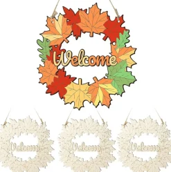 3PCS Unfinished Fall Maple Leaf Wreath Wood Craft Set (11”), Paintable DIY Wooden Door Hanging Ornaments with Rope, Autumn Leaf Cutouts for Front Door, Wall, Window & Seasonal Home Decor