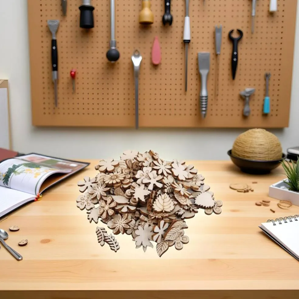 100Pcs Unfinished Wooden Flower Wood Slice Leaf Fall Crafting Decoration(Leaf)