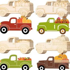 32PCS Unfinished Wooden Truck Cutouts – Fall DIY Craft Set (4 Styles) Pumpkin Maple Leaf Turkey Blank Wood Ornaments for Thanksgiving, Halloween & Autumn Party Decorations