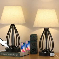 2pcs USB Touch Control Desk Lamp Set Bedside Table Lamps with AC Socket & Dual USB Ports, 3-Way Dimmable, Linen Shade Eye-Caring Nightstand Lighting