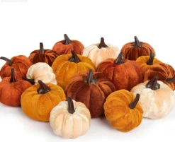 16Pcs Velvet Pumpkins for Fall Decor, Mini Artificial Foam Pumpkins 3 Sizes Orange Brown Beige Rust Faux Pumpkins for Thanksgiving Halloween Table Centerpiece Farmhouse Decorations