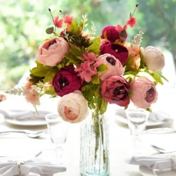 2PCS Vintage Artificial Peony & Hydrangea Bouquets, Pinkish Red & Dusty Pink Silk Flowers with Flexible Stems for Wedding Centerpieces, Bridal Bouquets, Home Table Floral Decor