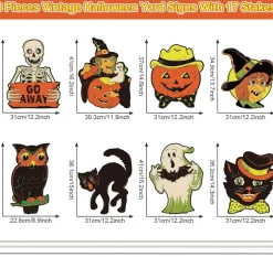 8 Pcs Vintage Halloween Yard Signs with Stakes, Retro Witch Pumpkin Ghost Cat Skeleton Owl Lawn Decorations, Waterproof Outdoor Halloween Signs for Front Yard Garden Porch Haunted House Party Decor
