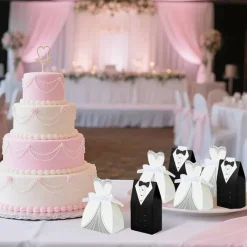 100 PCS Wedding Favor Boxes with Ribbon – Dress & Tuxedo Candy Gift Boxes for Bridal Shower, Wedding & Party Favors