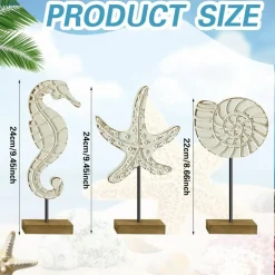 3 Pcs Wooden Coastal Beach Decor Set – Starfish, Conch & Seahorse Nautical Figurines, Neutral Ocean Theme Table Centerpieces for Living Room, Shelf, Bathroom & Beach House Decor