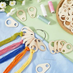 100 PCS Wooden Embroidery Floss Drops with Metal Ring, Teardrop Thread Organizer Cards for Cross Stitch, Needlework, Sewing & Craft Storage, Reusable Wood Floss Bobbins for DIY Craft Organization