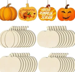 36PCS Wooden Pumpkin Ornaments to Paint – 3.5 Inch Unfinished Halloween & Thanksgiving DIY Hanging Cutouts (4 Styles) with Hemp Rope for Autumn Home Decor & Crafts