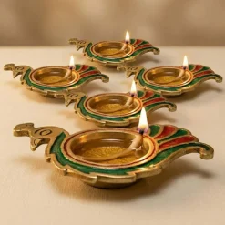 Peacock Deepam Brass Finish Diya Samai Deepak Oil Lamp Indian Festival Diwali Diya Hindu Puja Religious Home Decor Pooja Lamp Indian Housewarming Wedding Gift - Corporate Return Gift