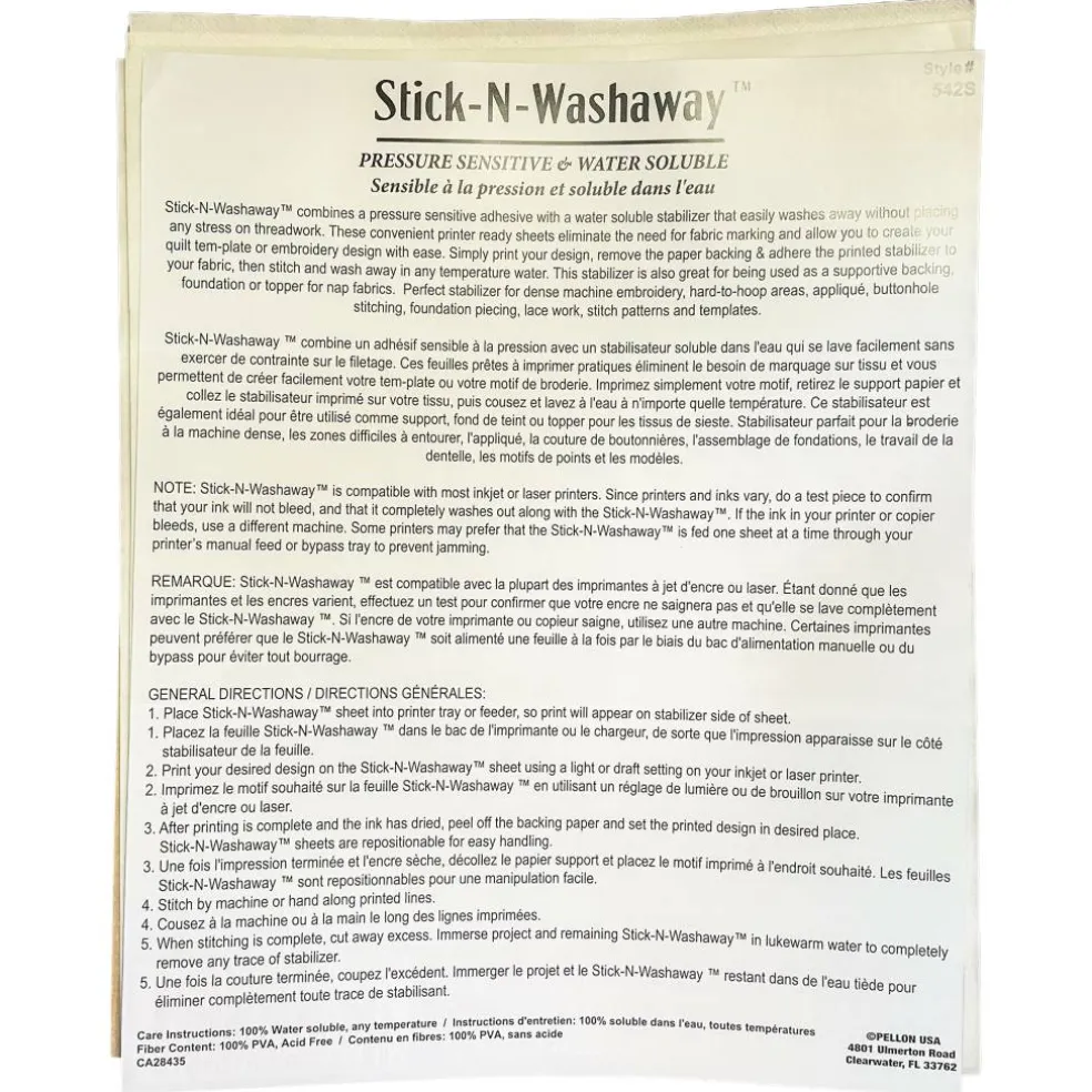 Pellon® Stick-N-Washaway™ 542S 8.5" x 11" White Embroidery Stabilizer Sheets, 5ct.
