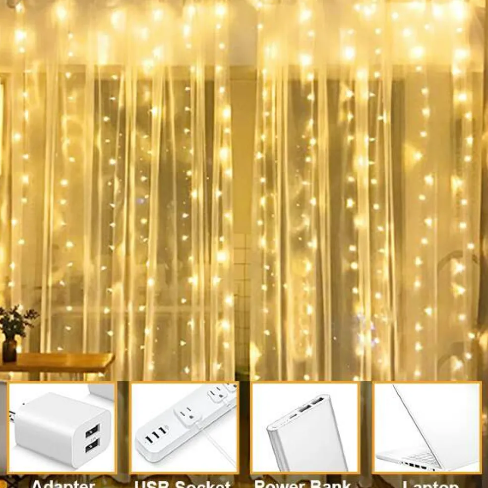 Perfect Holiday 300 LED USB Fairy Curtain Light With Remote - 8 Light Modes