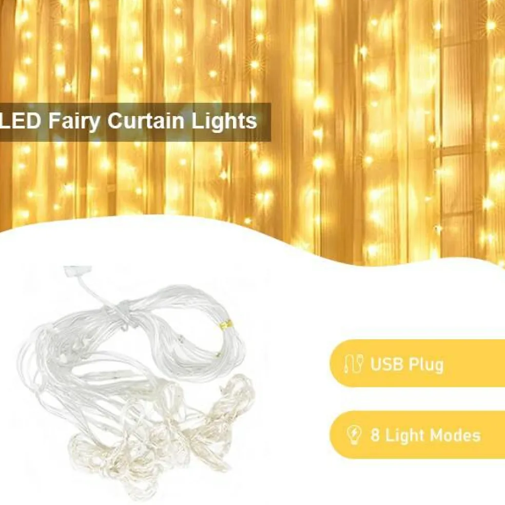 Perfect Holiday 300 LED USB Fairy Curtain Light With Remote - 8 Light Modes