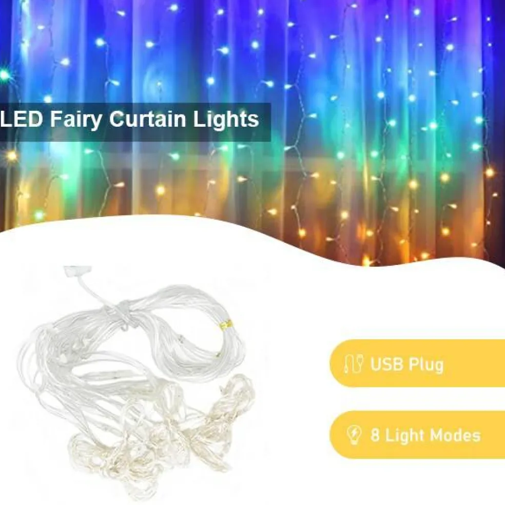 Perfect Holiday 300 LED USB Fairy Curtain Light With Remote - 8 Light Modes
