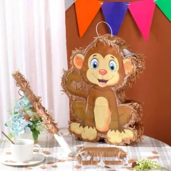 Piñata Bundle with a Blindfold and Bat (16 x 12 x 3 Inches), Cute Animal Piñata for Birthday Party Toys Decoration for Animal Theme Birthday Party Game Supplies Photo Prop(Monkey)