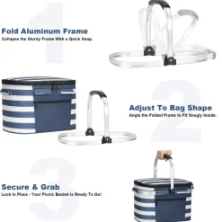 Picnic Basket - Insulated Cooler, Thickening Foldable Picnic Basket with Removable Baskets & Sewn-in Frame, Basket for House Warming Gifts New Home(Blue White)