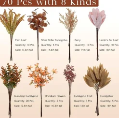 70 Piece Artificial Greenery Stem Set Fall Decor Faux Eucalyptus Fern Leaves Berry Flowers Autumn DIY Bouquet Wedding Table Centerpiece Floral Arrangement Brown Orange