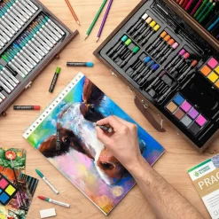 144-Piece Art Set in Wooden Box with Drawer - Art Set for Adults, Teens, Kids - Premium Art Supplies - Includes Watercolors, Oil Pastels, Crayons, & More