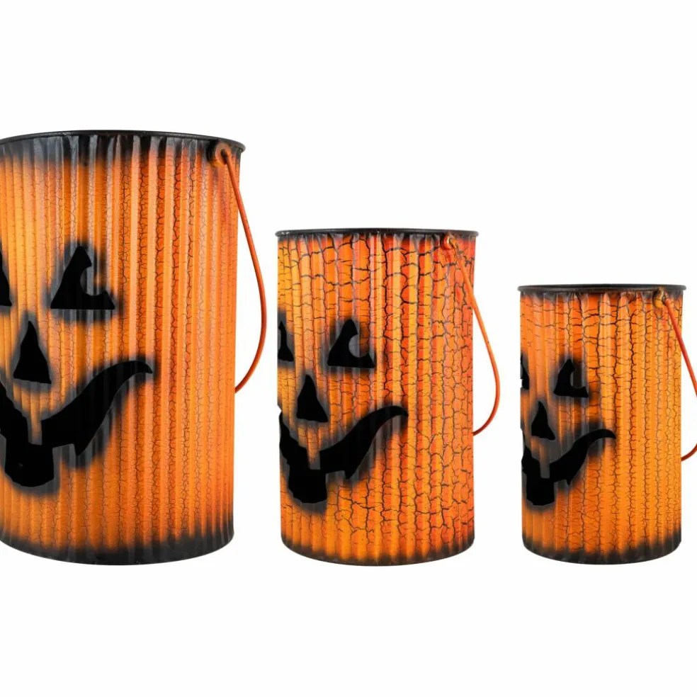 3 Piece Black & Orange Metal Pumpkin Lantern Halloween Decoration Set