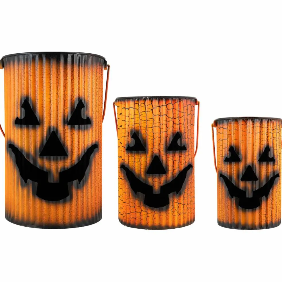 3 Piece Black & Orange Metal Pumpkin Lantern Halloween Decoration Set