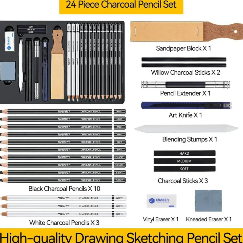 24-Piece Black & White Charcoal Drawing Set – Pencils for Sketching & Shading