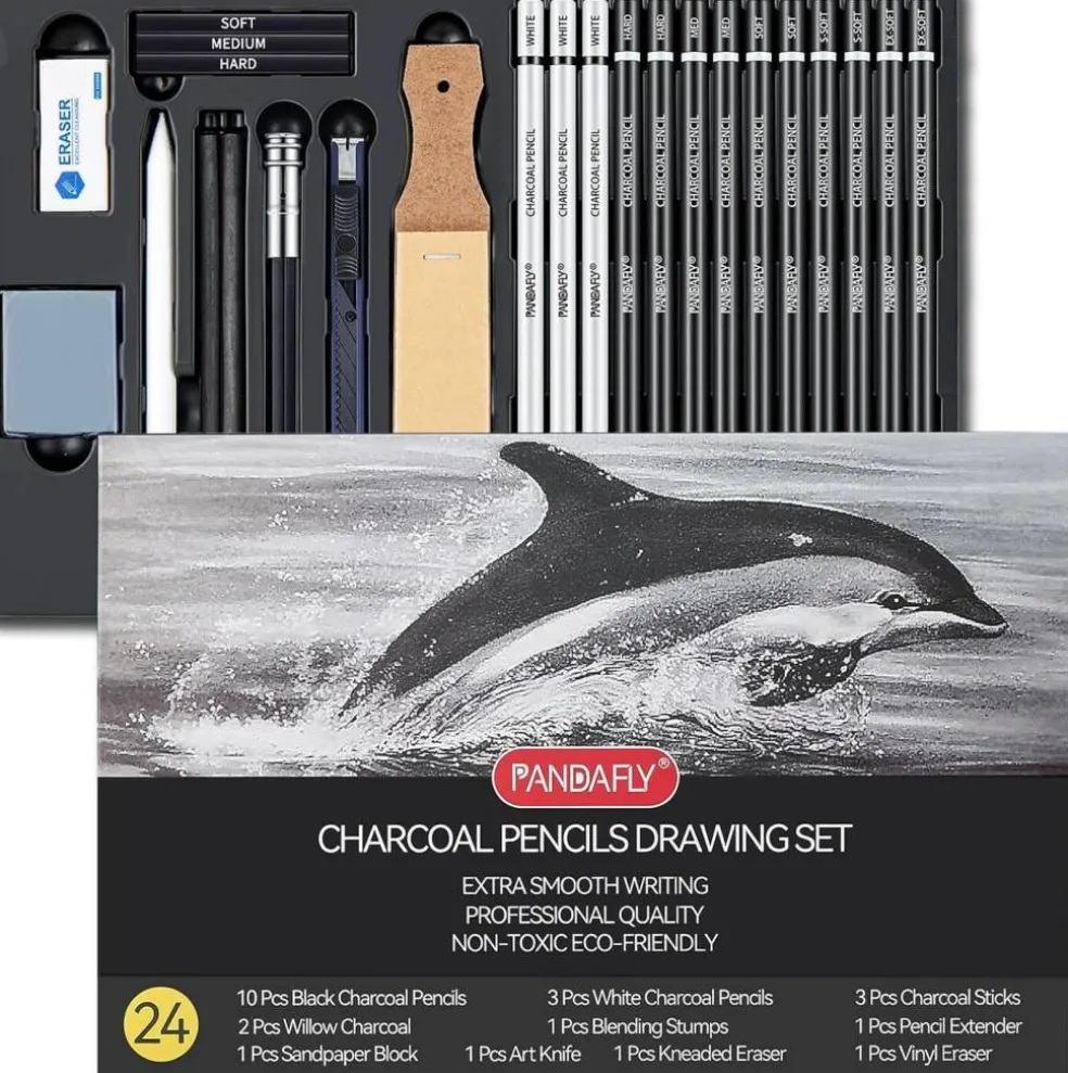24-Piece Black & White Charcoal Drawing Set – Pencils for Sketching & Shading