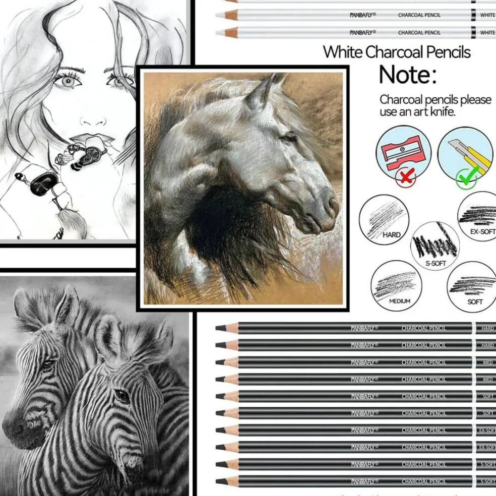 24-Piece Black & White Charcoal Drawing Set – Pencils for Sketching & Shading