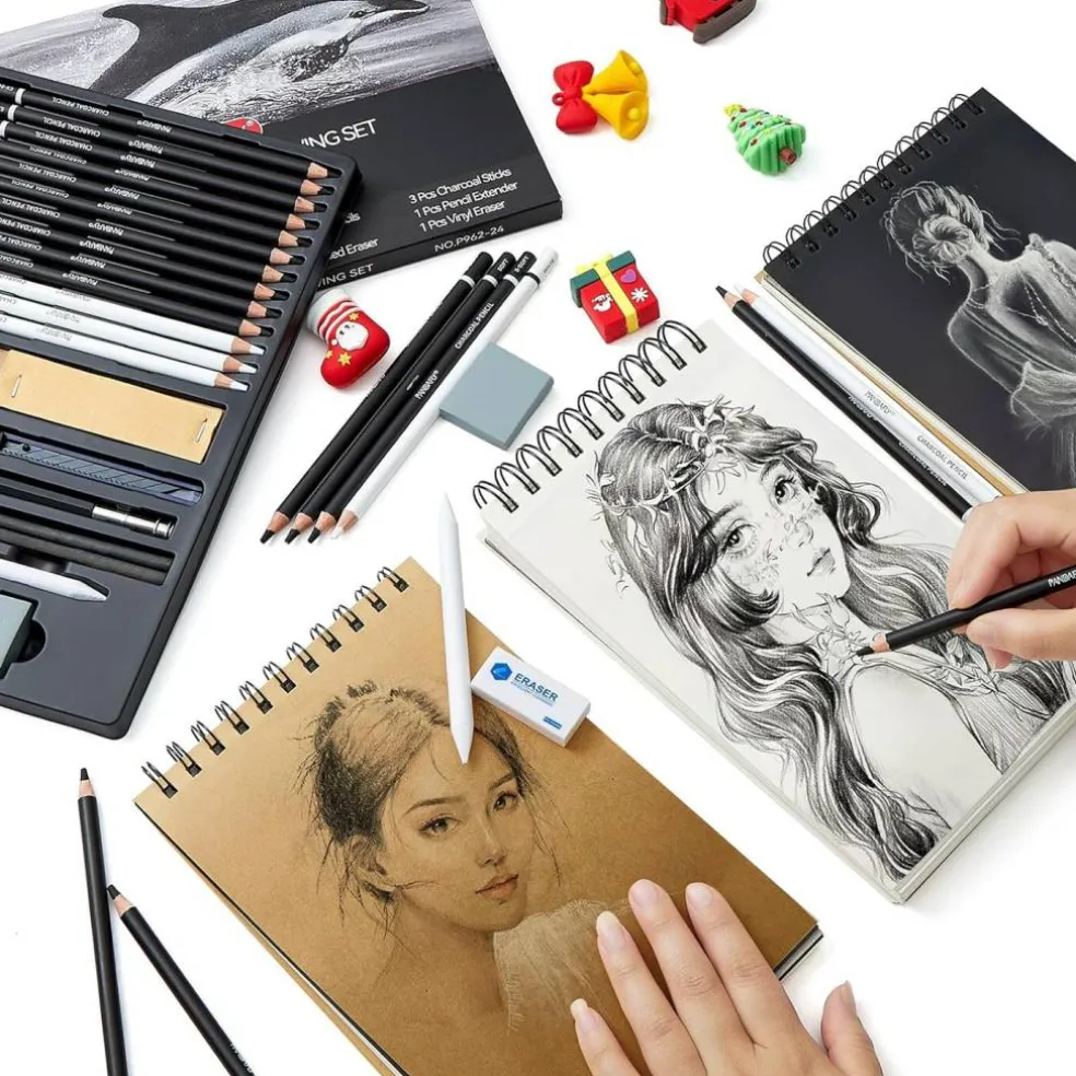24-Piece Black & White Charcoal Drawing Set – Pencils for Sketching & Shading
