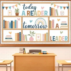 76-Piece Boho Reading Bulletin Board Set – “Today a Reader, Tomorrow a Leader” Bookshelf Classroom Decor with Rainbow Cutouts, Inspirational Library Wall Display for School, Home, Library & Learning Spaces