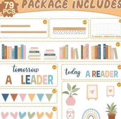 76-Piece Boho Reading Bulletin Board Set – “Today a Reader, Tomorrow a Leader” Bookshelf Classroom Decor with Rainbow Cutouts, Inspirational Library Wall Display for School, Home, Library & Learning Spaces