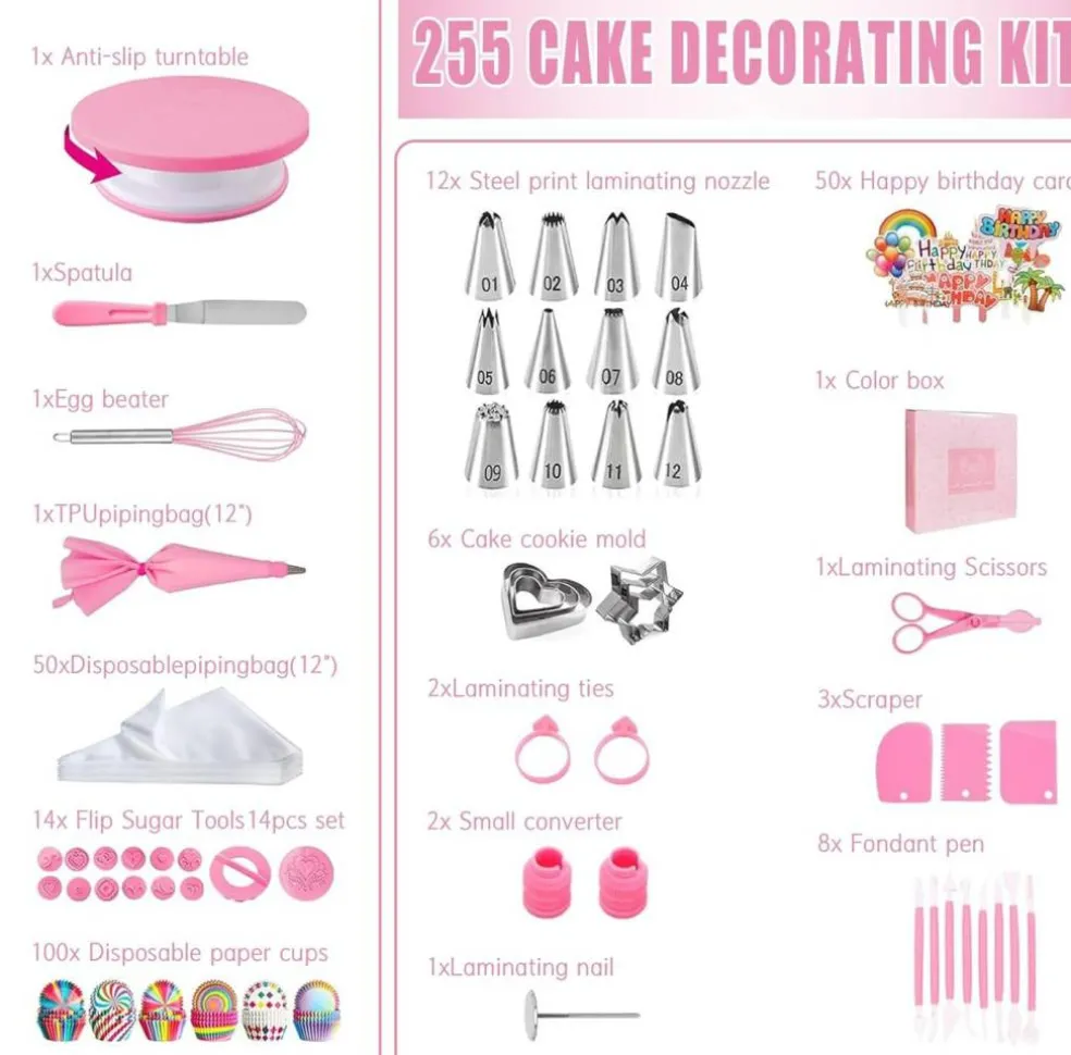 255-Piece Cake Decorating Kit – Turntable, Icing Tips, Cookie Cutters, Smoothers & Accessories