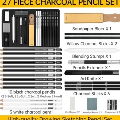 27-Piece Charcoal Drawing Set – Black & White Pencils with Graphite Sticks for Sketching & Shading