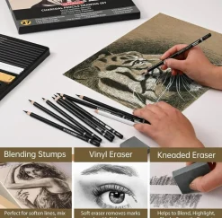 27-Piece Charcoal Drawing Set – Black & White Pencils with Graphite Sticks for Sketching & Shading