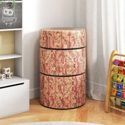 3 Piece Dark Walnut PU Leather Stump Stool Set with Foam and Anti-Slip Base