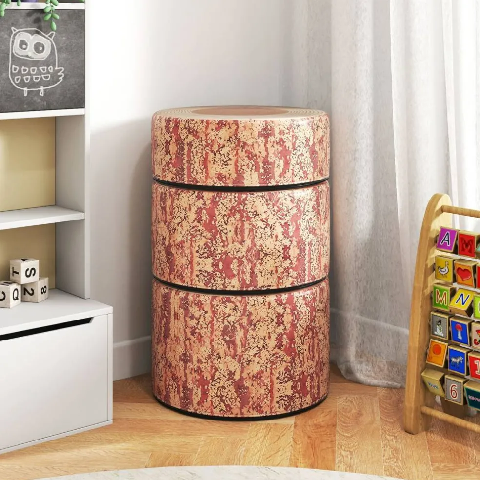 3 Piece Dark Walnut PU Leather Stump Stool Set with Foam and Anti-Slip Base