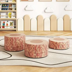 3 Piece Dark Walnut PU Leather Stump Stool Set with Foam and Anti-Slip Base