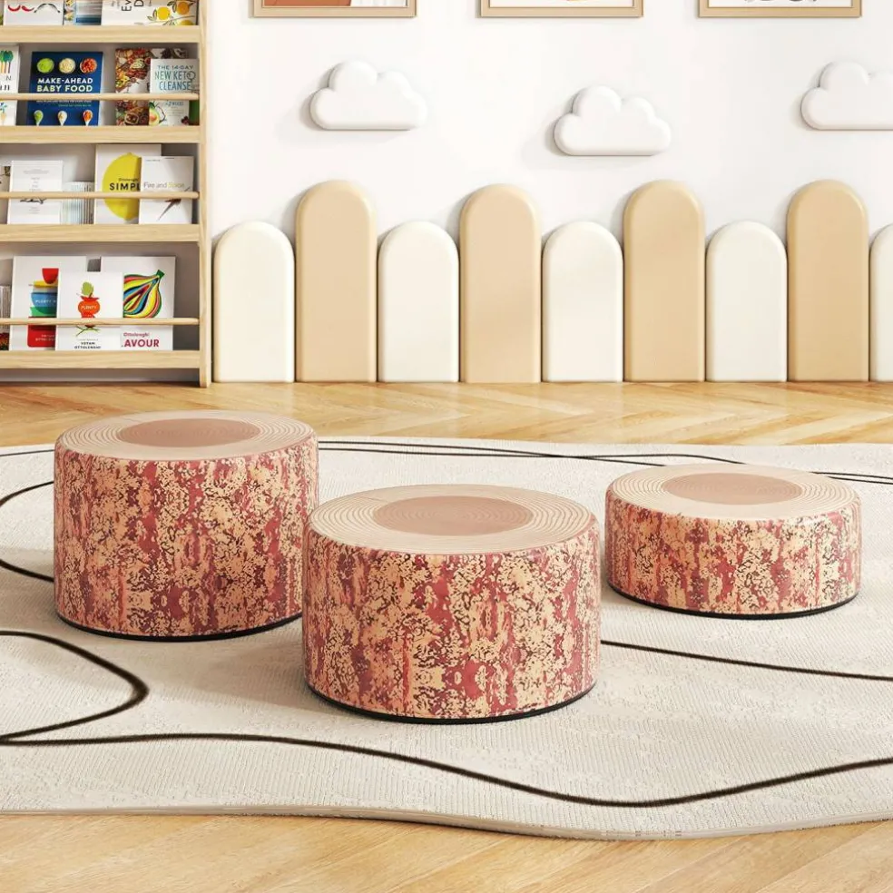 3 Piece Dark Walnut PU Leather Stump Stool Set with Foam and Anti-Slip Base