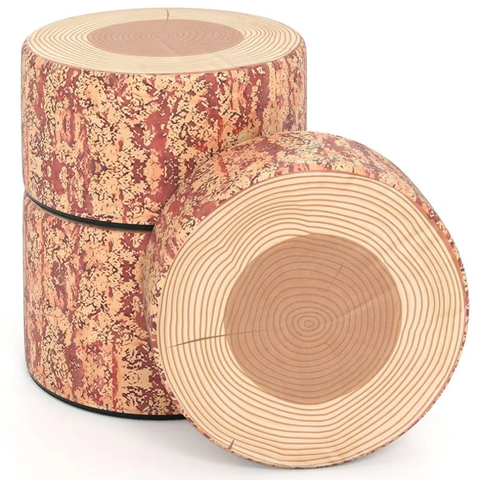 3 Piece Dark Walnut PU Leather Stump Stool Set with Foam and Anti-Slip Base