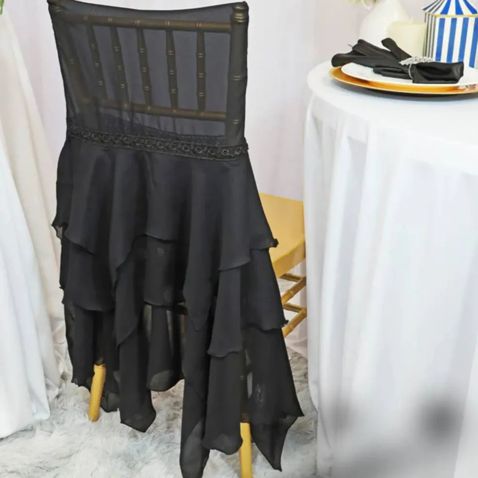 1 Piece Elegant Black Chiffon Chiavari Chair Cover with Sash Sheer Draped Accent
