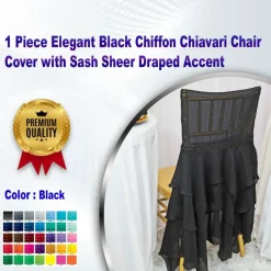 1 Piece Elegant Black Chiffon Chiavari Chair Cover with Sash Sheer Draped Accent