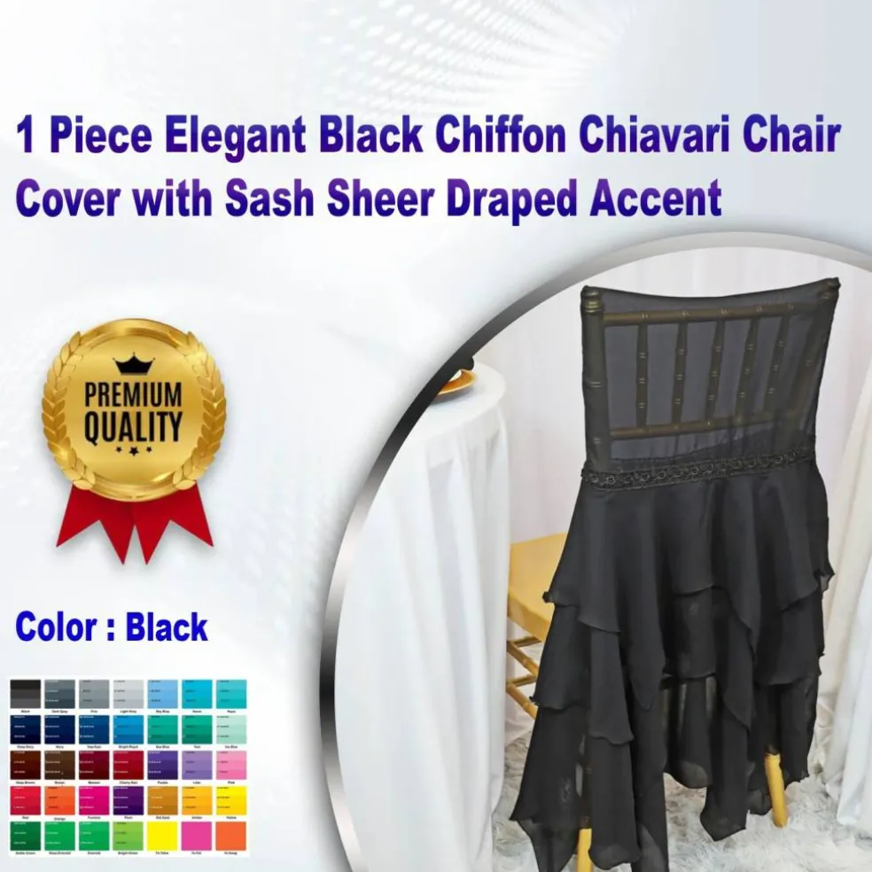 1 Piece Elegant Black Chiffon Chiavari Chair Cover with Sash Sheer Draped Accent