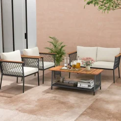 4-Piece Grey Rattan Outdoor Patio Set with Off-White Cushions and Acacia Wood