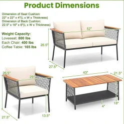 4-Piece Grey Rattan Outdoor Patio Set with Off-White Cushions and Acacia Wood