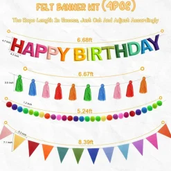 4-Piece Happy Birthday Banner Set | Felt Birthday Garland, Rainbow Ball Garland, Pennant Flag & Tassel Decorations for Kids, Adults, Party, Photo Backdrop & Celebration Decor