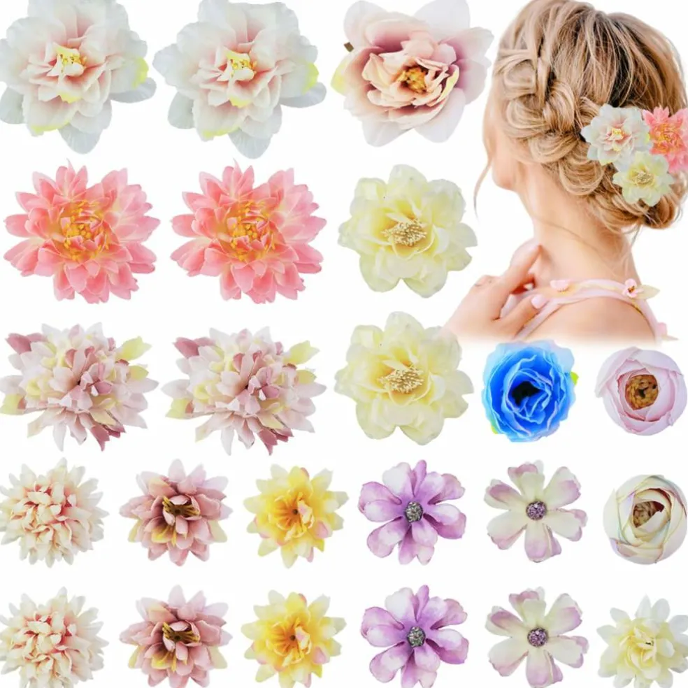 23-Piece Hawaiian Boho Flower Hair Clips: Silk Roses & Peonies for Women & Girls – Wedding, Beach Party & Graduation Cap Toppers