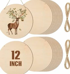 20-Piece 12-Inch Wood Rounds for Crafts – Blank Unfinished Wooden Circle Discs with Pre-Drilled Holes and Rope for DIY Painting, Door Hangers, Christmas & Home Decor